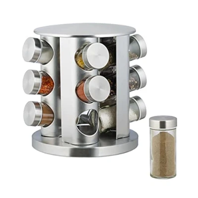 Image of Relaxdays Spice Rack with 12 Piece Shaker Set, Stainless Steel, Revolving, Modern Design, Dishwasher Safe, Silver