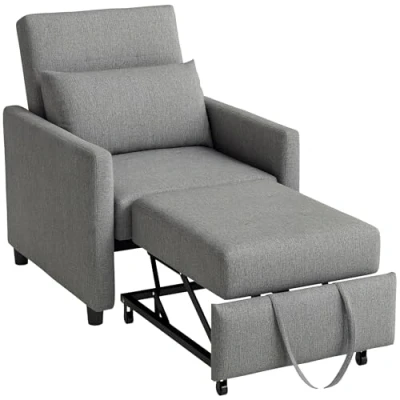 Image of HOMCOM 3 In 1 Single Chair Bed, Tufted Pull Out Convertible Sleeper Couch with Adjustable Backrest for Living Room and Bedroom, Grey