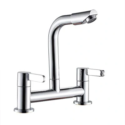 Image of Kitchen Sink Mixer Taps 2 Hole Dual Lever Chrome Plated 360 Swivel Deck Mounted Faucet Spout Basins