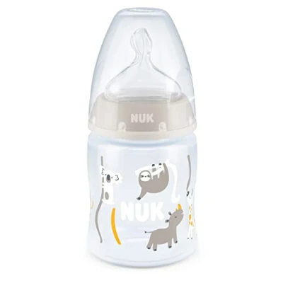 Image of NUK First Choice+ Baby Bottle 0 6 Months Temperature Control Display 150ml Anti Colic Valve BPA Free Silicone Teat Grey Sloth