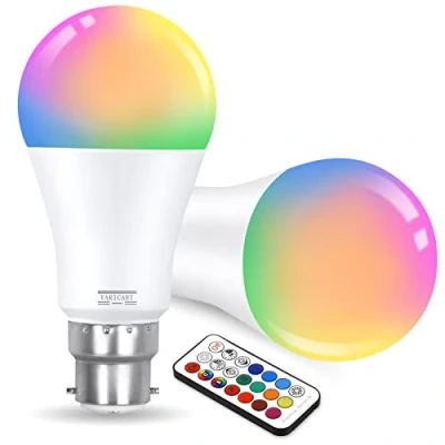 Image of VARICART B22 10W Colour Changing Light Bulb Dimmable, LED Bulbs Bayonet with Remote, RGB + Cool White 6000K, 12 5 Modes, Dual Memory, 75W 100W Equiv. for Home Dec &amp; Mood Lighting (Pack of 2)