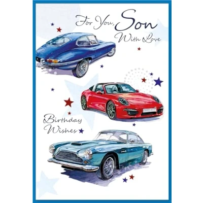 Image of Simon Elvin Son Birthday Card Featuring Classic Cars, 13 X 19 cm.