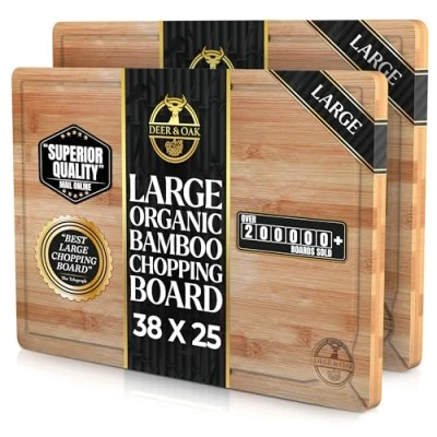 Image of Deer &amp; Oak Premium Wooden Chopping Board 2X Large 38 x 25 2 cm Bamboo Cutting Boards for Kitchens Pre Oiled Treated