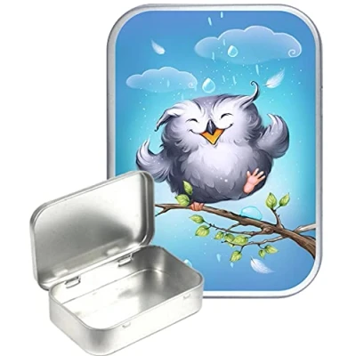 Image of TEEZ Happy Owl Silver Hinged Tin,Small 30ml tin, Pill Pocket Gift Box, 1oz Tobacco Herb Tin