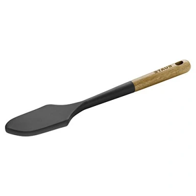 Image of STAUB Silcone Spatula, Great for Mixing, Folding, Scraping, and Spreading, Durable BPA Free Matte Black Silicone, Acacia Wood Handles, Safe Nonstick Cooking Surfaces