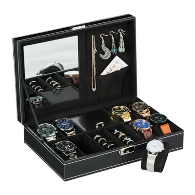 Image of Relaxdays Watch Box, Jewellery Storage, Velvet, Mirror, Leather Design, 8 Compartments, HxWxD x 30 20.5 cm, Black
