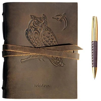 Image of Leather Journal Owl Notebook Embossed Handmade Travel Diary A5 Vintage Writing Bound for Men Women 6&quot;x8&quot; Wildlife Theme Genuine with Plain Paper Notes Sketchbook + Pen