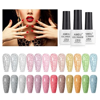 Image of AIMEILI Reflective Glitter Gel Nail Polish, 8ml 12 Colours Polish Soak Off UV LED Holographics Sparkly Shinny Effect Varnish Manicure Gift Set Kit 7