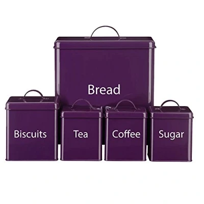 Image of Denny International® 5 Piece Kitchen Storage Includes Bread Bin Biscuit Tea Coffee Sugar Caddy Tins Containers Canister Jars Pots Set (Purple)