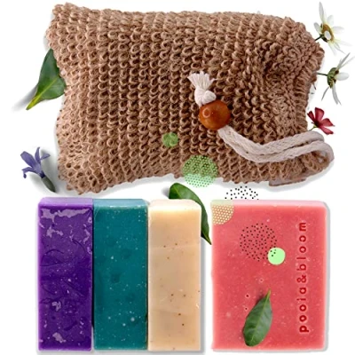 Image of Natural Soap for Men Organic Vegan Ensemble 4 Scented Bars &amp; Sisal Exfoliator Handcrafted with Essential Oils Mens Bar