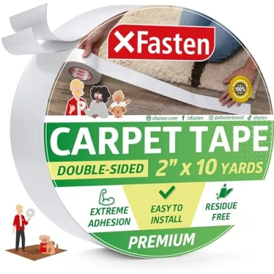 Image of XFasten Double Sided Carpet Tape for Area Rugs and Carpets, Removable Hardwood Safe, 2 Inches x 10 Yards, Ideal Rugs, Over or Delicate Floors