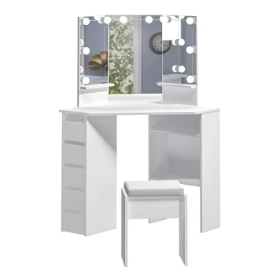 Image of Panana Corner Dressing Table with LED Light, Vanity 5 Drawers and Stool, Makeup for Home Furnature (White Bulb)