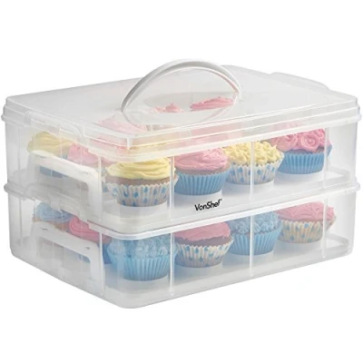 Image of VonShef Cupcake Carrier with Handle, Two Tier Stackable Cup Cake Box, 24 Muffin Airtight Snap Lid, Clear Plastic Baked Goods Container