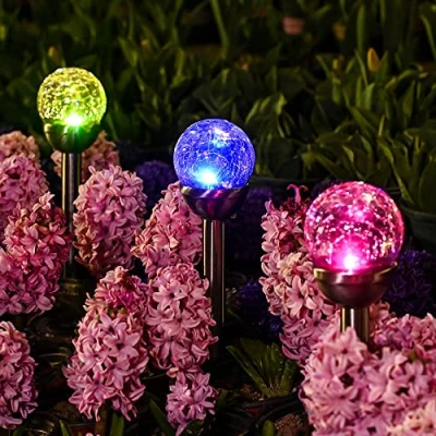 Image of GIGALUMI Solar Lights Outdoor, Cracked Glass Ball Dual Led Garden Lights, Landscape/Pathway for Path, Patio, Yard Color Changing and White 3 Pack