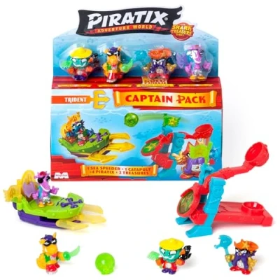 Image of Piratix Shark Treasure Series Captain Pack Goldstar.Includes 4 (1 golden captain), “crystal accessories,Sea Speeder, Catapult, 2 exclusive flags and treasures with crystal.Pack 2/6
