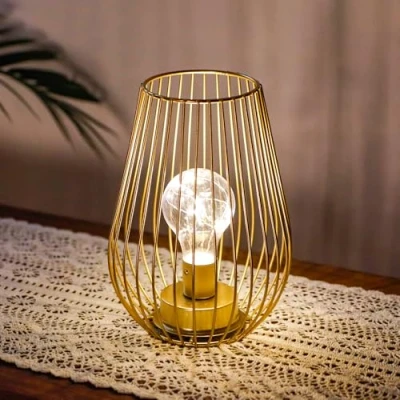 Image of TRIROCKS Metal Battery Operated Lamp 21 cm Tall Cage Shape Cordless Table Lanterns with Warm Fairy Lights Bulb for Bedside Patio Garden Wedding Parties Indoor Outdoor (Golden)