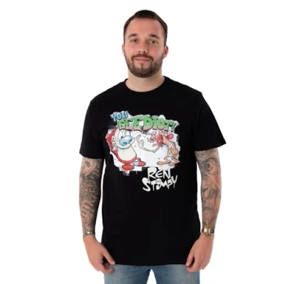 Image of Nickelodeon Ren &amp; Stimpy Mens Short Sleeve T Shirt Adults Classic 90&#039;s Cartoon Graphic Tee Graffiti Black Character Retro Top Nostalgic Merchandise Gift for Him