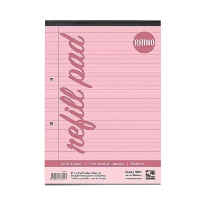 Image of RHINO Pink Paper A4 Refill Pad 8mm Lined + Margin 50 Leaf/100 Page / 6 Pack Ideal Writing for Dyslexia &amp; Other SEN