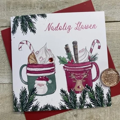 Image of White Cotton Cards CHRISTMAS MUGS WELSH CARD, HAND FINISHED (W C23 13)