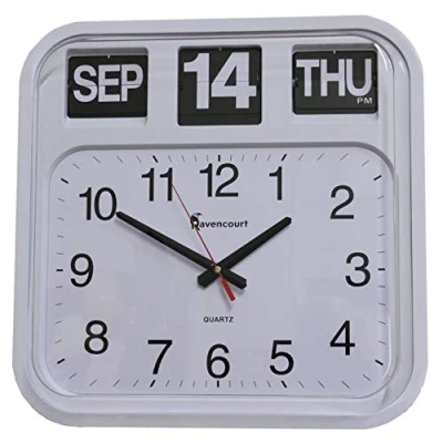 Image of Ravencourt Large Flip Calendar Wall Clock, Office Public Sector Style, Easy Read, High Contrast Clock Face, Dementia Care, size 42cm x 44cm c 10cm, White