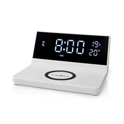 Image of Wireless Qi Charger USB Phone Charging Pad with Bedside Alarm Clock, LED Display White