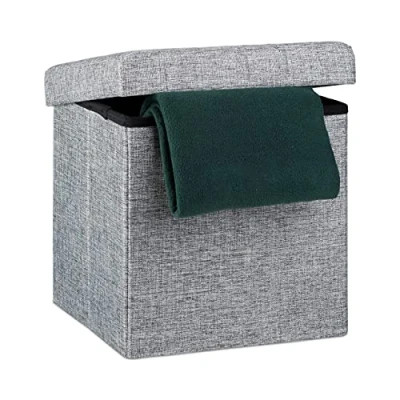 Image of Relaxdays Folding Ottoman 38 x cm Storage Chair, Footstool Pouf Box Cube, Removable Lid, Dark Grey