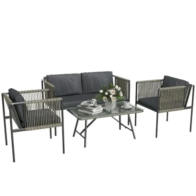 Image of Outsunny 4 Seater Wicker Outdoor Furniture Set with Glass Coffee Table Grey