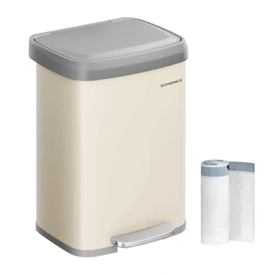 Image of SONGMICS Kitchen Bin, 13 Gallon (50 L) Rubbish Metal Waste Pedal Bin with Lid, Tall and Large, Sand Beige Dove Grey LTB530A02