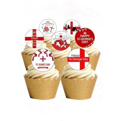 Image of 24 Precut Round St Georges Day England English Edible Wafer paper Cake Toppers