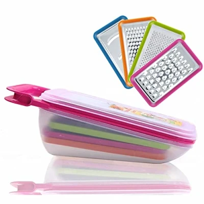 Image of Tenta Kitchen 4 Piece Cheese Grater Set with Container Zester Shredder Vegetable Slicer Graters Fine and Coarse Metal Hand Adjustable Hard （Red）