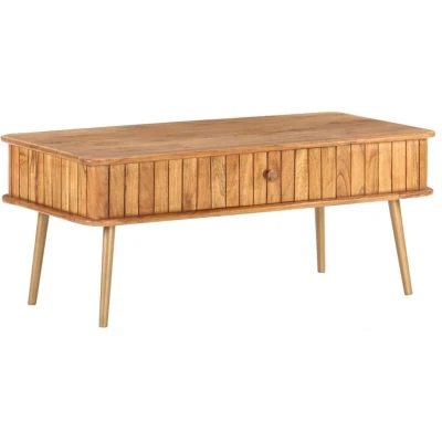 Image of vidaXL Solid Wood Acacia Coffee Table Honey Touch Finish, Brass Iron Legs, Storage Drawer 100x50x40 cm