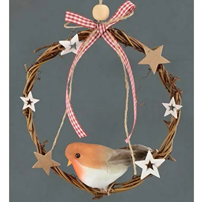 Image of Davies Products Ltd 15cm Natural Wood Twig Xmas Wreath with Robin Decoration