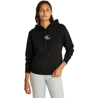Image of Calvin Klein Jeans Monologo Hoodie Sweatshirt, Women&#039;s, Size: XS, Black