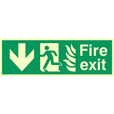 Image of Viking Signs SG698 L31 PV&quot;Fire Exit&quot; Running Man Left Down Arrow Sign, Photoluminescent Sticker, 100 mm H x 300 W,Green