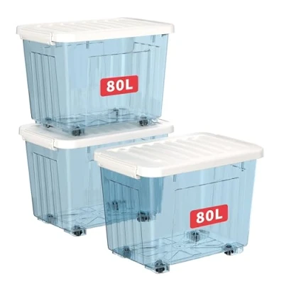 Image of Cetomo 80L*3 Storage Boxes with Wheels, Plastic Box Lid, Latching Buckles, Click Closure, Stackable, Nesting, Durable Organizer for Home Office Clothes, Clear Blue, 80L 3 Pack