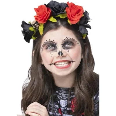 Image of Smiffys Kids DOTD Black &amp; Red Rose Headband, Halloween Child Fancy Dress, Day of The Dead Dress Up Hats