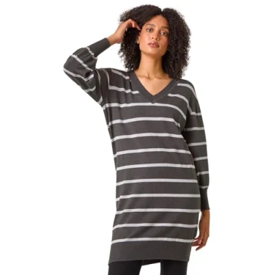 Image of Roman Originals Knitted Jumper Dress for Women UK Ladies Knit Knitwear Autumn Winter Casual Smart Pull On Work Long Sleeves Slouch Relaxed Flattering Over Knee Length V Neck Charcoal Size 16