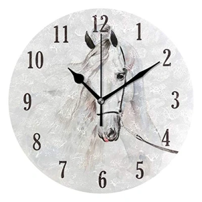 Image of Mnsruu Wall Clock, Round White Horse Silent Clock Decorative, Battery Operated Easy to Read for Indoor Living Room Bedroom