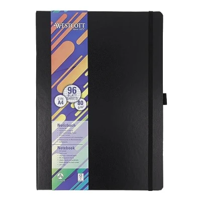 Image of Westcott notebook DIN A4 squared 192 pages in an elegant hardcover 80 g/m² sustainable FSC mix paper with inside pocket, bookmark, elasticated closure and pen holder E 744829 00