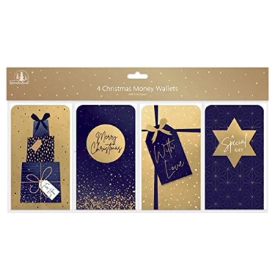 Image of 4 x Blue &amp; Gold Christmas Money Voucher Cash Present Wallets with Envelopes