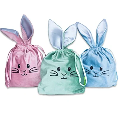 Image of 3 Velvet Bags with Ears Alternative Easter Nest in Bunny Design reusable Basket to fill Set 1