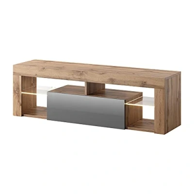 Image of Selsey HUGO Modern TV Unit/TV Cabinet (140cm, Lancaster Oak/Gloss Grey Front Panel with LED Lighting)