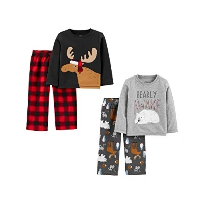 Image of Simple Joys by Carter&#039;s Toddler Boys&#039; 4 Piece Pyjama Set (Cotton Top &amp; Fleece Bottom), Grey Animal/Plaid Reindeer, 3 Years