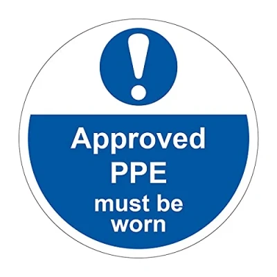 Image of Approved PPE Safety Floor Sign, Hard Wearing Non Slip/Abrasive Lamination, R9 Grade For Slip Resistance, High Strength Adhesive Backing, 400mm Diameter