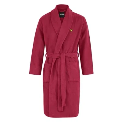 Image of Lyle &amp; Scott Men&#039;s Lucas Bathrobe Luxurious Towelling Dressing Gown with Classic Embroidered Eagle Chest Logo (S, Regular, Ruby Wine)