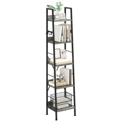 Image of YITAHOME Bookcase 5 Tiers, Industrial Ladder Shelf Floorstanding Book Wooden Shelves and Metal Frame Rack Modern Shelving Unit for Living Room, Hallway, Office, Grey Bookshelf