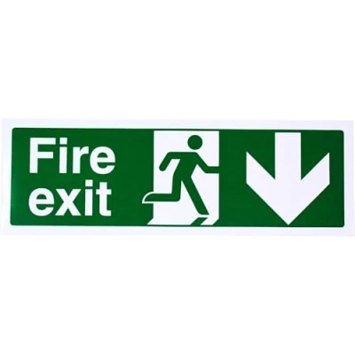Image of V Safety Fire Exit Arrow Down Sign Landscape 450mm x 150mm 1mm Rigid Plastic, Green