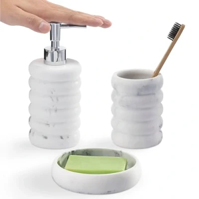 Image of Navaris Decorative Bathroom Accessories Set 3 Piece Bath Accessory Kit with Toothbrush Holder Liquid Soap Dispenser and Dish Tray White Marble