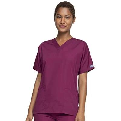 Image of CHEROKEE Women Woman Scrub Top Originals Medical Clothing with Pockets V Neck WWE4700 Wine XXS