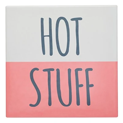 Image of KitchenCraft Funny &quot;Drop It Like It&#039;s Hot&quot; Square Ceramic Trivet with Cork Back, 20 x cm (8&quot;) Green / White